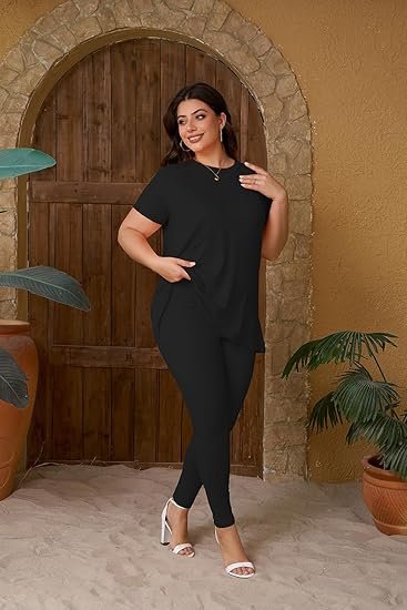 Women Plus Size 2 Piece Outfit Short Sleeve Top and Leggings Lounge Set Tracksuit - Image 4
