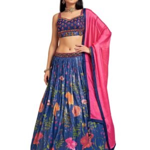 Women's Navy Blue Sequins Lehenga with Handwork Blouse and Printed Lehenga