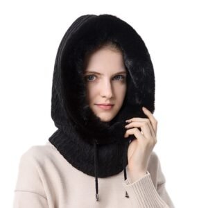 GUSTAVE® Black Winter Cap for Women,One Piece Knitted Warm Winter Hat with Neck Warmer Hood Scarf & Mask,Fashion Snow,Wind Proof Soft Fleece Lined Scarf Hat for Outdoor,Riding...