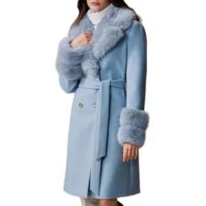 Women’s Light Blue Winter Coat – Stylish Long Jacket with Faux Fur Collar & Cuffs | Elegant Warm Outerwear for Parties, Events, Travel & Cold Weather Fashion |