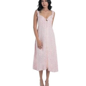 Floral Muse Fondant Pink Folk Floral Midi Dress | Cotton Satin Sleeveless V Neck Style | Printed Day Outfit for Women