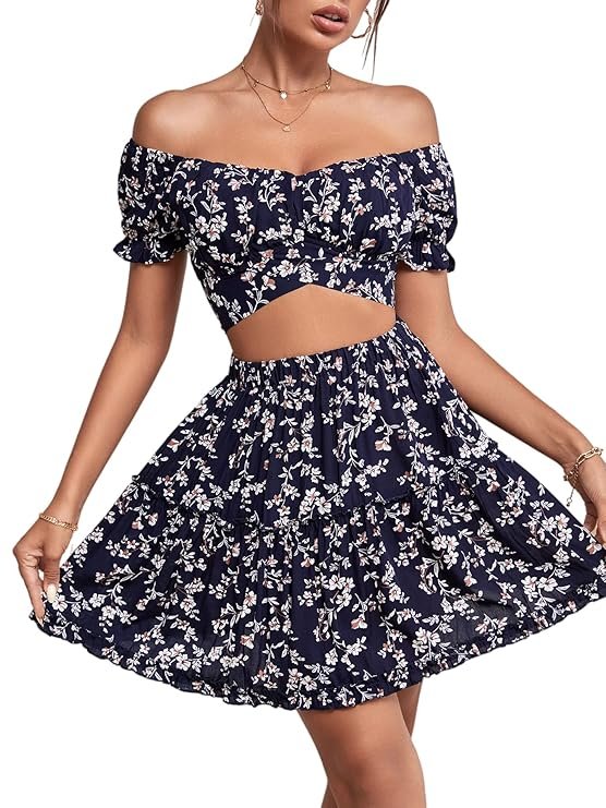 Women's 2 Piece Outfit Set Off Shoulder Crop Top and Mini Skirt