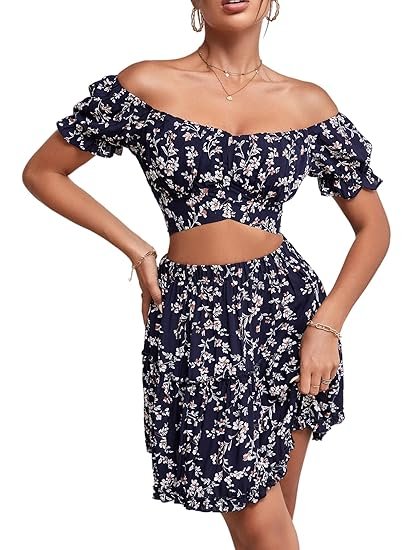 Women's 2 Piece Outfit Set Off Shoulder Crop Top and Mini Skirt - Image 4