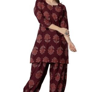 Women's Pure Cotton Printed Straight Kurta Set with Palazzo Pants - Ethnic Wear, Maroon