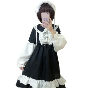 Polyester Womens Cute Maid Costumes Lolita Japanese Anime Cosplay Uniform Vintage French Maid Dress Black