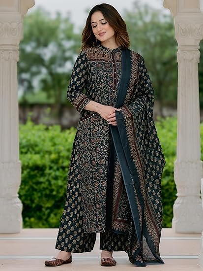 Women’s Cotton Printed Kurta Set with Palazzo Pants and Dupatta | Ethnic Straight Kurta - Image 2