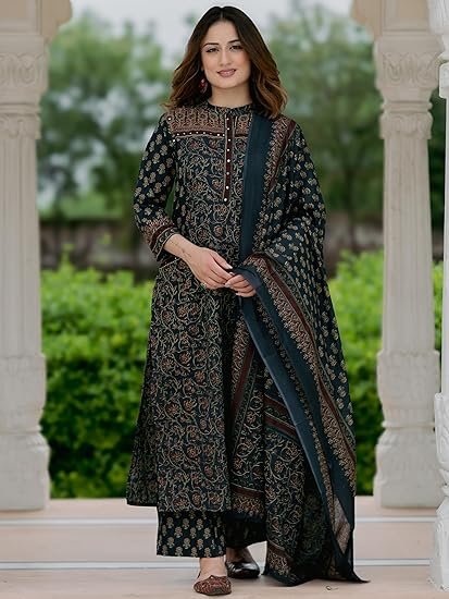 Women’s Cotton Printed Kurta Set with Palazzo Pants and Dupatta | Ethnic Straight Kurta - Image 4