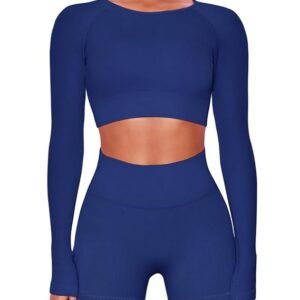Women Workout Sets 2 Pieces Long Sleeve Yoga Outfits Gym Clothes Seamless Ribbed Crop Top High Waist Leggings