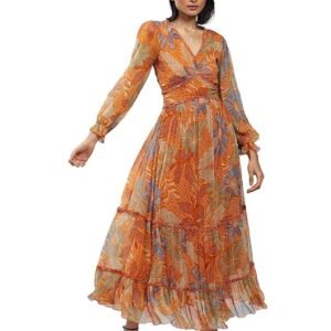 Orange Floral Print Long Dress with Tiers