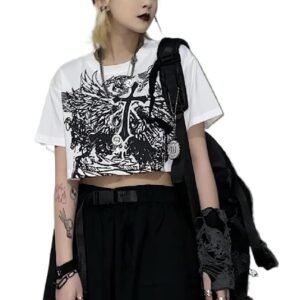 QUECY® Women's Skeleton Ribcage Shirt Round Neck Short Sleeve Portrait Print T Shirts Vintage Oversized Y2k Tee Top |Short C White |M