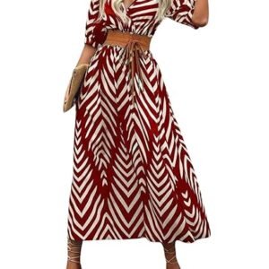 Women's V-Neck Slit Maxi Dress Printed Boho Style, Short Sleeve, Tie Waist, Summer Casual Outfit