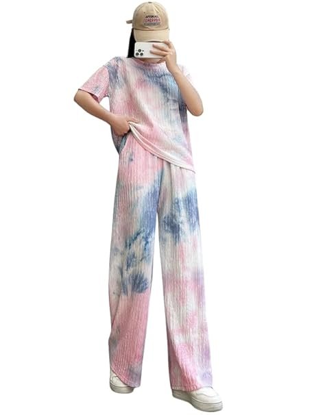 Women’s Tie-Dye Pajama Set | Relaxed Fit Short Sleeve Top & Long Pants Sleepwear | Soft & Comfy Lounge Wear Set with Pockets Winter wear Nightdress for Women | Trendy Korean Nightsuit Set