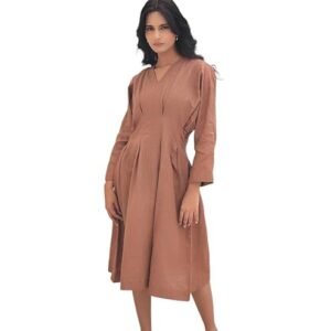 Breeze Linen Nutshell Midi Dress | Organic Linen V Neck Full Sleeve Style | Relaxed Fit Women’s Outfit