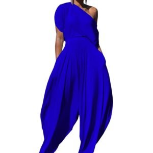 Womens 2 Piece Outfits Solid Short Sleeve Off One Shoulder Pullover Top and Loose Harem Pants Set Tracksuits