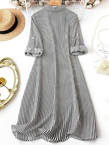 Women's Black & White Vertical Striped Shirt Dress| Comfortable Relaxed Fit Summer Dress - Image 3
