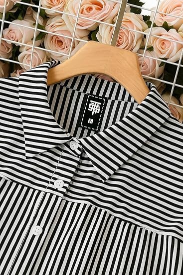 Women's Black & White Vertical Striped Shirt Dress| Comfortable Relaxed Fit Summer Dress - Image 4
