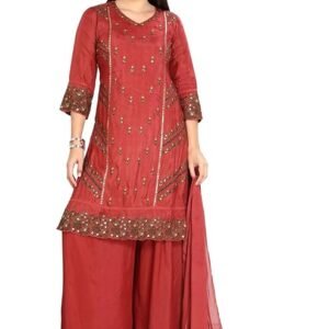 Kurti pant set for women with Palazzo and dupatta Maroon Sequins work