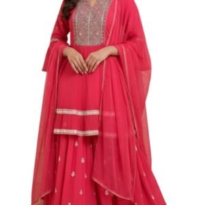 Women 's V Neck Printed Lehanga Set with Chiffon Dupatta (Pink-M)