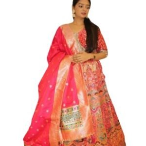 Women’s Heavy Patola Printed Silk Lehenga Choli with Mirror Work Blouse & Zari Border Dupatta | Wedding, Navratri, Festive Ethnic Wear for Girls & Women
